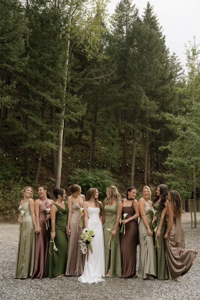 Attire inspiration for female guests — formal gowns in the wedding's green and neutral palette.
