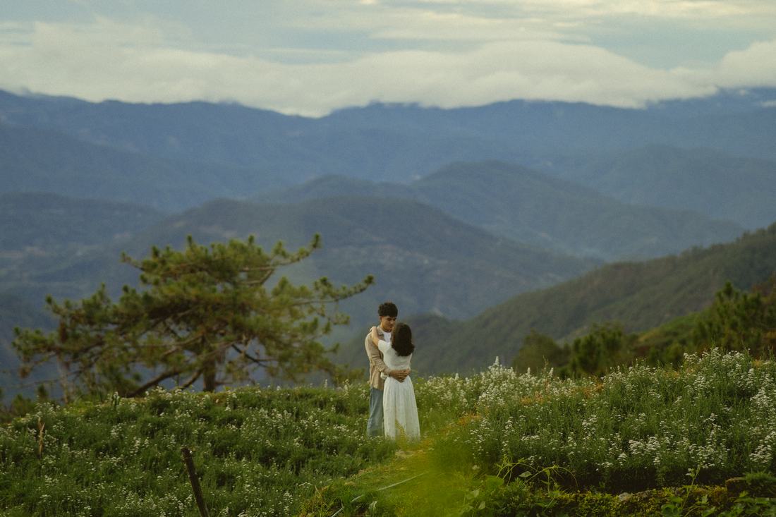 A wide view over the highlands — ridgelines layered into the distance above a flowering garden.